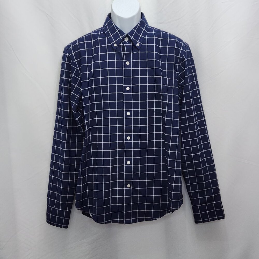 Lands End No Iron Twill Button Down Shirt Mens L 16 Blue Plaid Tailored Fit JJ12